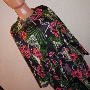 Vintage 70s Floral Pin Up Rockabilly Dress Formal Tie Waist Union Made 8 M Retro